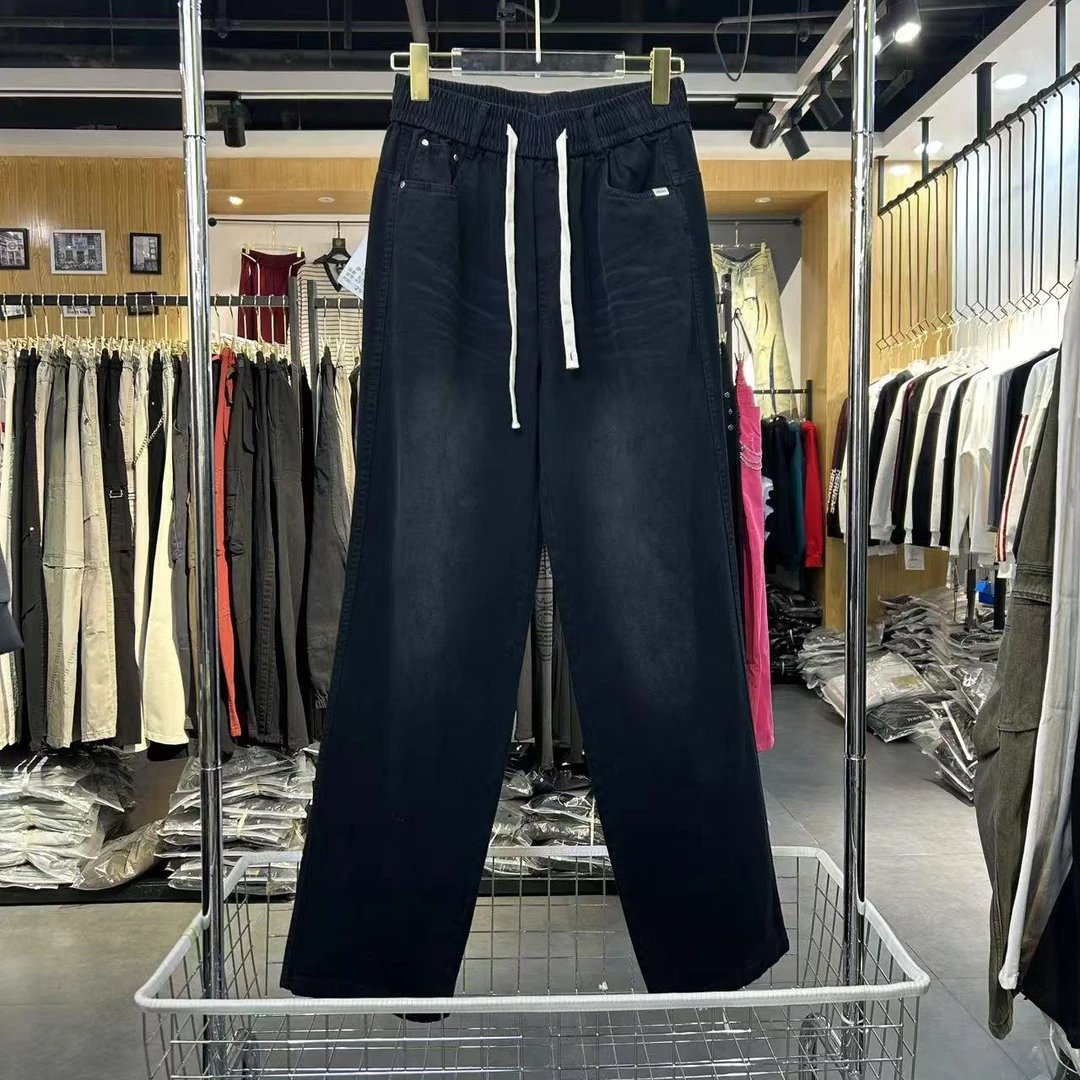 实体~25春季男士抽绳直筒牛仔裤黑色百搭潮流休闲长裤9180