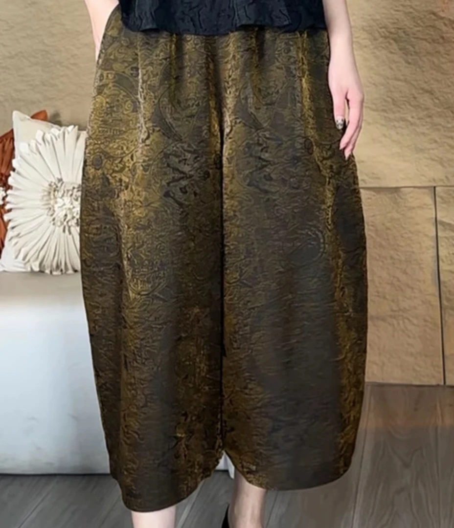 32053古铜色休闲透气夏季宽松大码八九分花苞裤