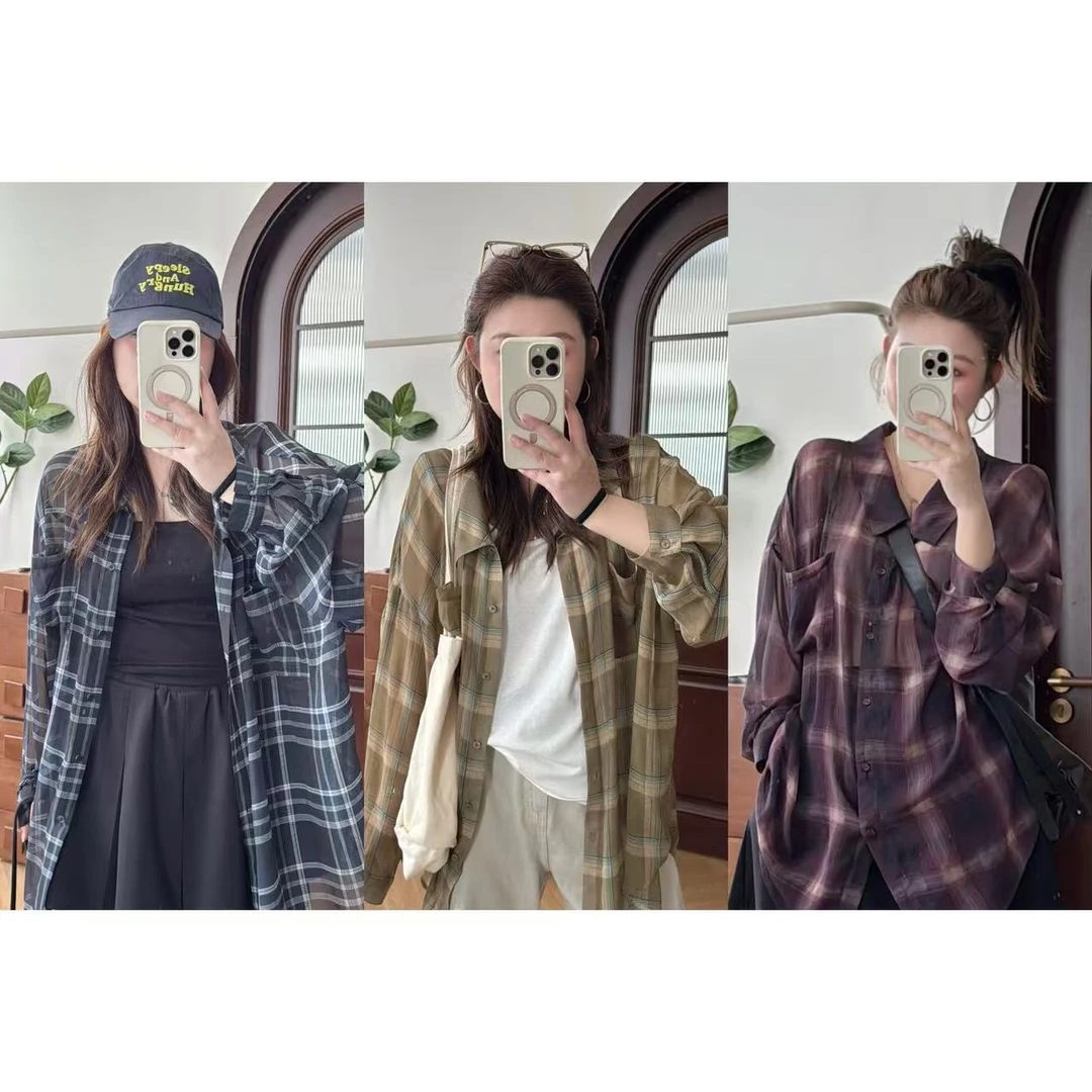 晶咕佳佳【冰皮巧饼】轻薄款格纹长袖衬衫防晒复古小众宽松时尚休闲