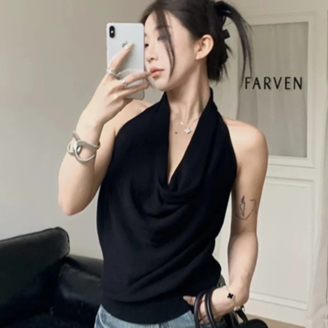 显瘦设计感红色荡领挂脖无袖吊带背心女款夏季外穿
