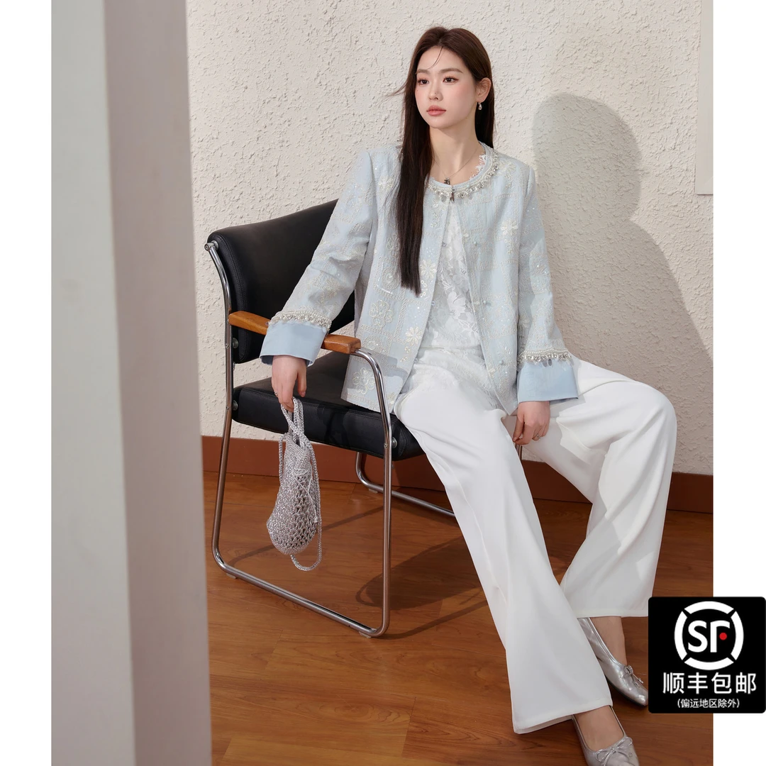 蓝语【欧若风】大码女装新中式重工外套显瘦阔腿裤秋冬套装03550