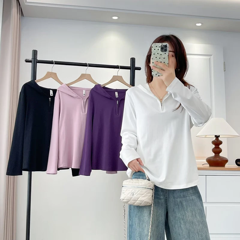 大码女装韩版休闲拉链连帽衫长袖T恤胖mm百搭宽松显瘦上衣打底衫