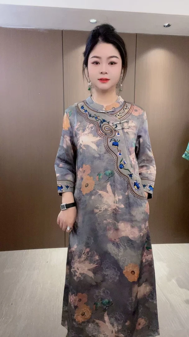 默烟-新中式国风复古宽松显瘦提花连衣裙