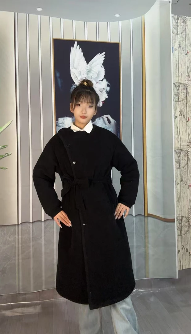 女士冬季三层加厚加绒可外穿长款圆领大衣裙袍式家居服气质网红