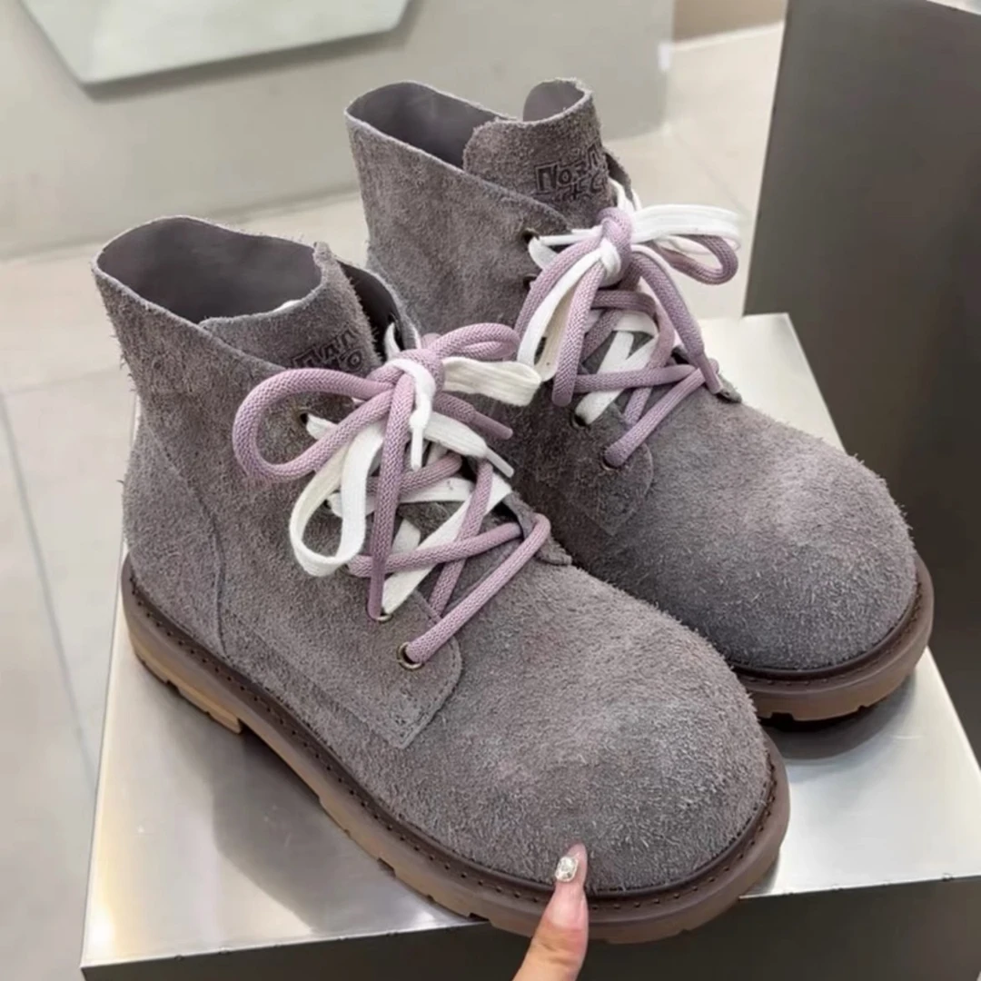 2025秋季新款卡皮巴拉大头厚底真皮马丁靴女增高擦色复古休闲短靴