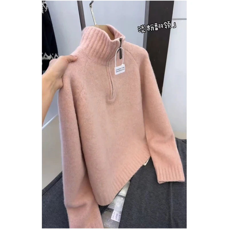 韩系半拉链高领套头针织毛衣秋冬季大码胖MM气质温柔减龄内搭上衣
