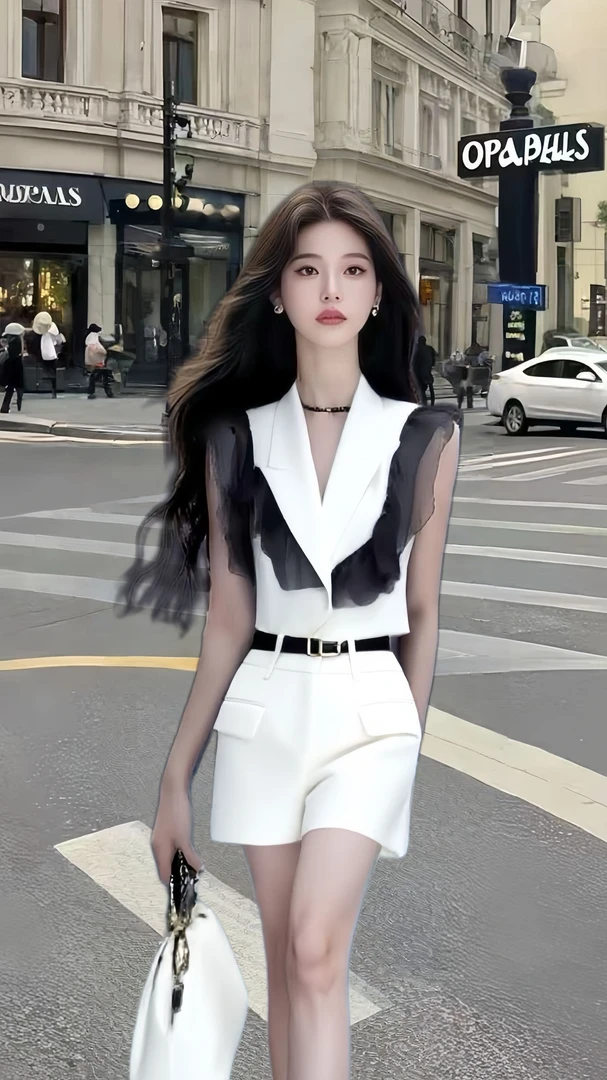 别致设计感白色V领无袖修身上衣+白色百搭显瘦短裤女氛围感两件套