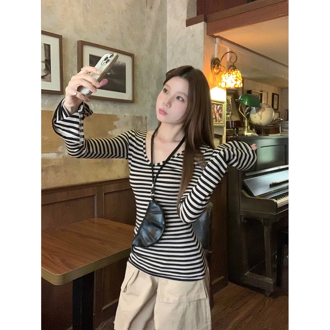 【全额运补】纯欲复古条纹长袖紧身T恤女装早秋内搭显瘦打底衫设
