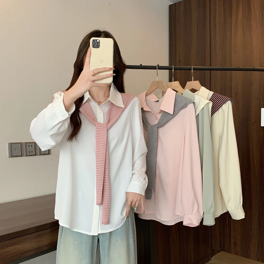 大码美美哒2025年春季气质披肩时尚显瘦衬衫两件套装D0168+62158