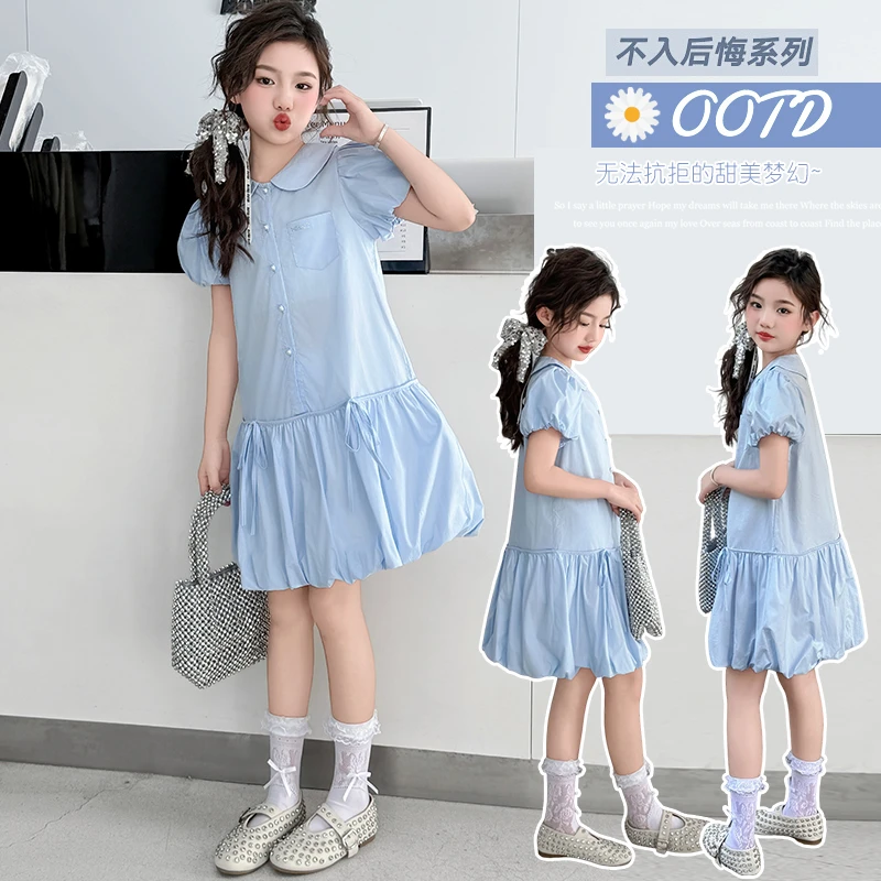 女童夏季韩版甜美飞袖学院风棉布连衣裙中大童夏装裙子儿童公主裙