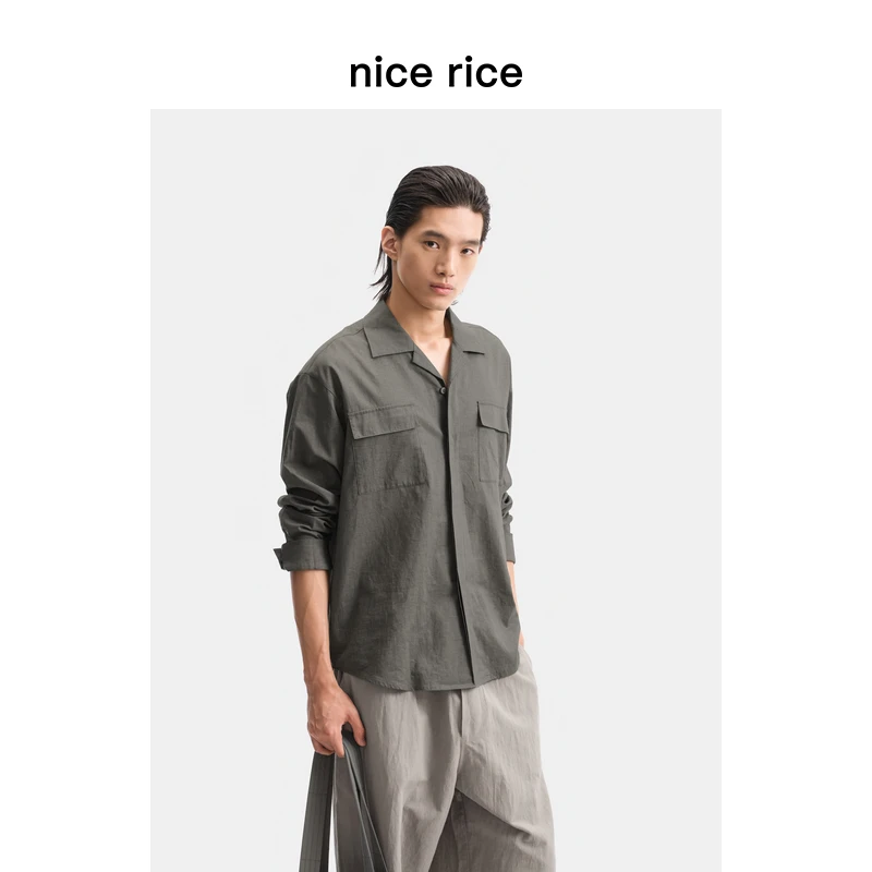nice rice好饭 25春季新品古巴领暗门襟棉麻混纺宽松衬衫NHC03046