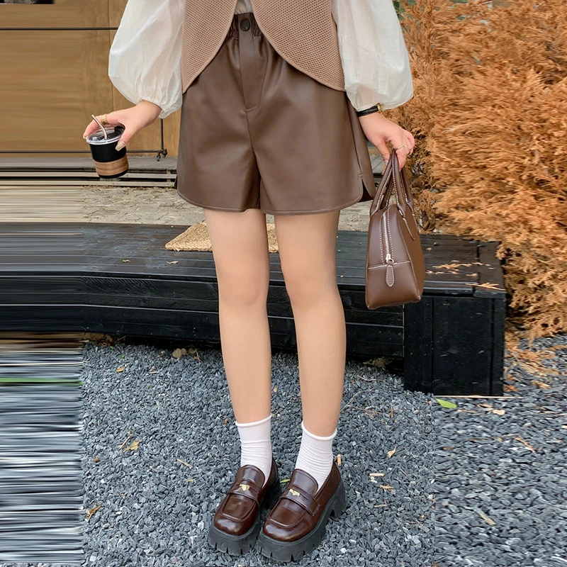 大码女装阔腿裤休闲显瘦宽松百搭短裤2024秋胖mm松紧腰皮裤NK1061