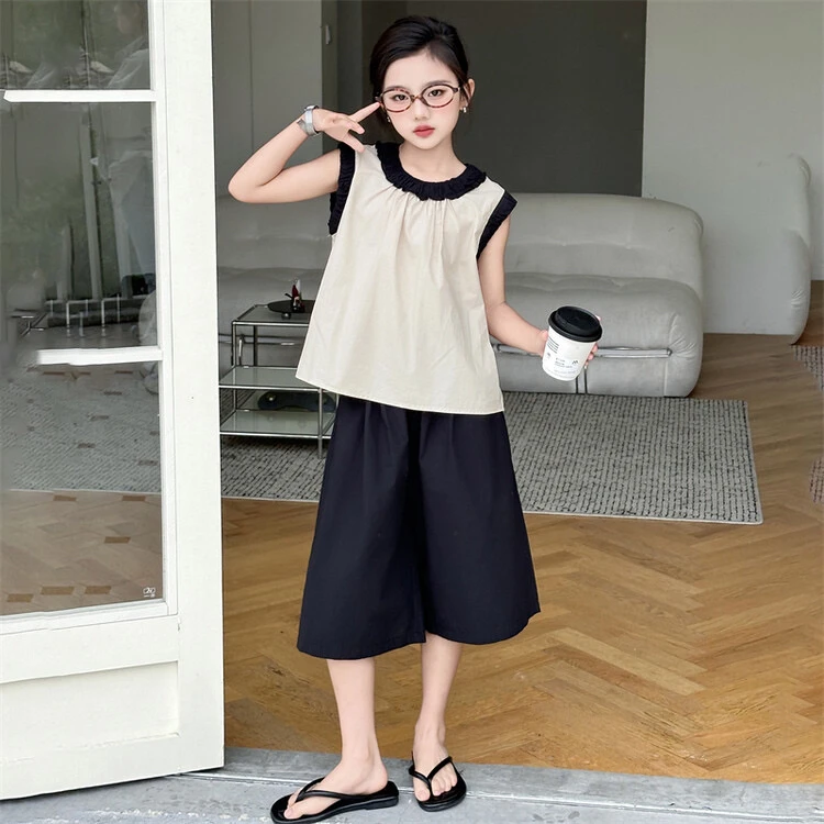 纯色田园风女拼色套头夏季套装休闲外穿宽松时尚阔腿上衣夏装