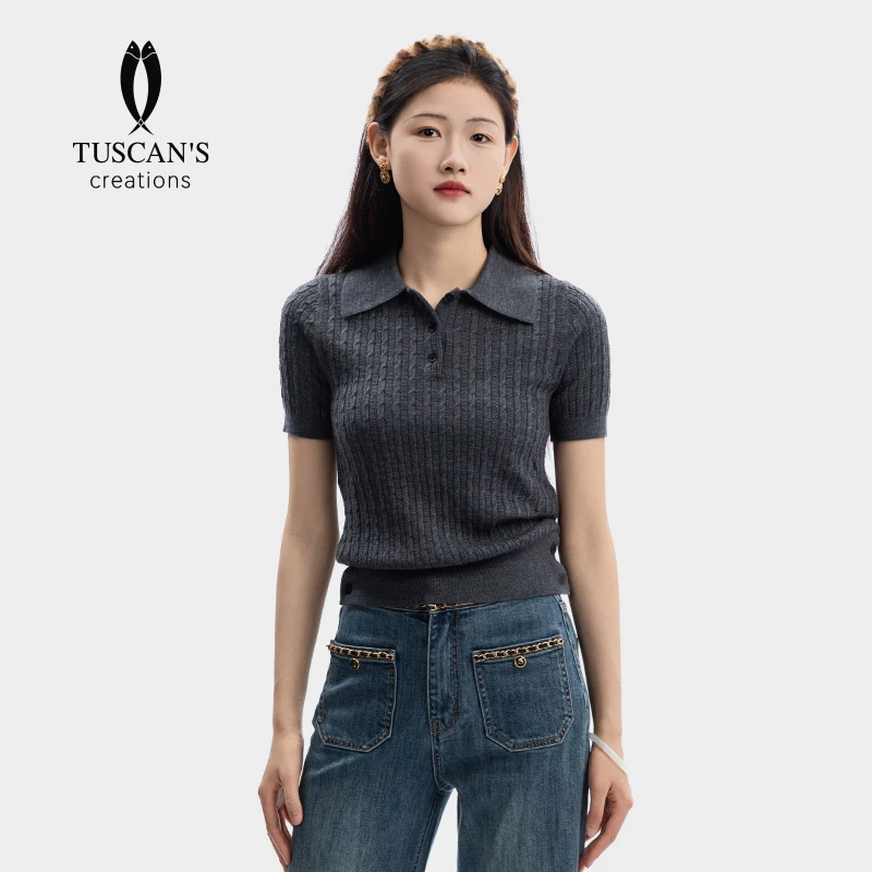 TUSCAN'S CREATIONS经典翻领百搭羊毛短袖薄款polo衫短款羊毛衫