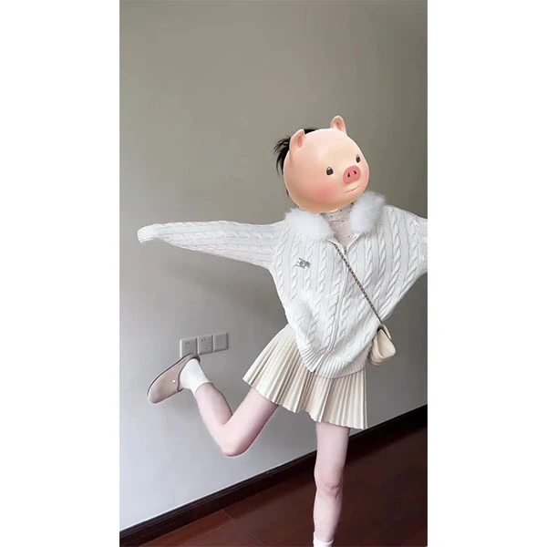 白色连帽针织开衫女秋冬穿搭毛领麻花毛衣外套上衣裙子时尚套装女