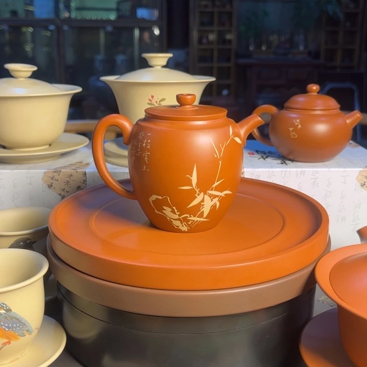 建水紫陶复烧刻填壶