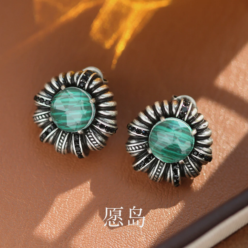 愿岛 黄铜耳饰 法式复古气质小众孔雀做旧金属纹理耳钉EH2314