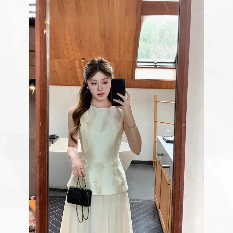 富家千金立体花无袖连衣裙纱裙仙女长裙白色掐腰裙订婚礼服