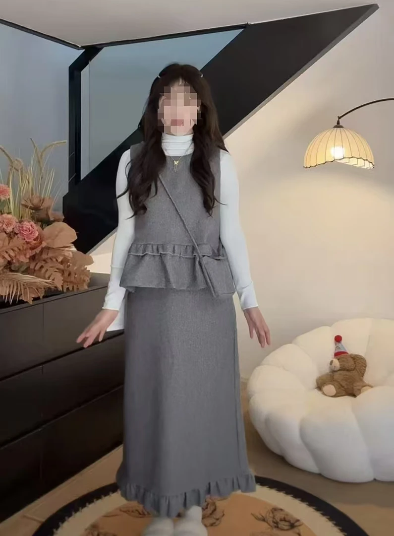 2025法式时尚甜美百搭减龄马甲打底衫松紧腰长裙套装8272