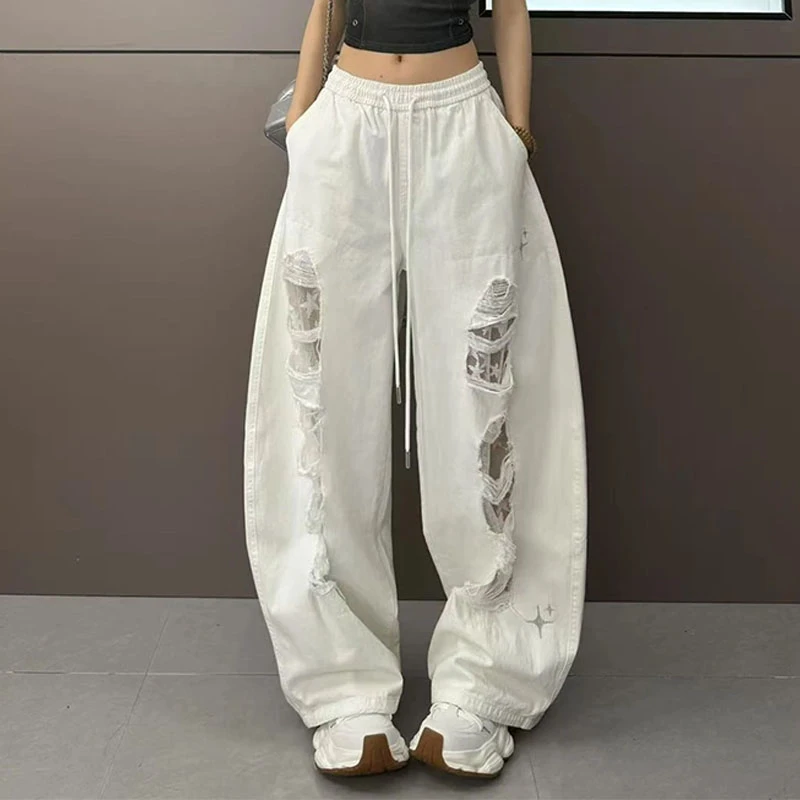 美式街头复古镂空破洞休闲裤女夏季新款设计感蕾丝拼接阔腿长裤潮