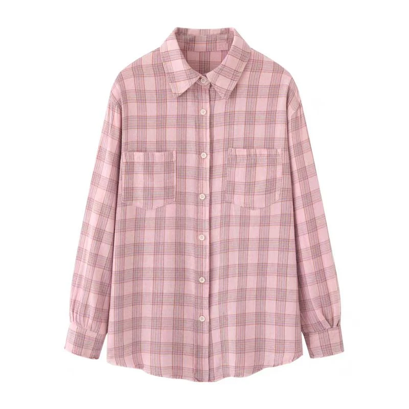 1521春季新款粉色休闲宽松百搭格子衬衣上衣女