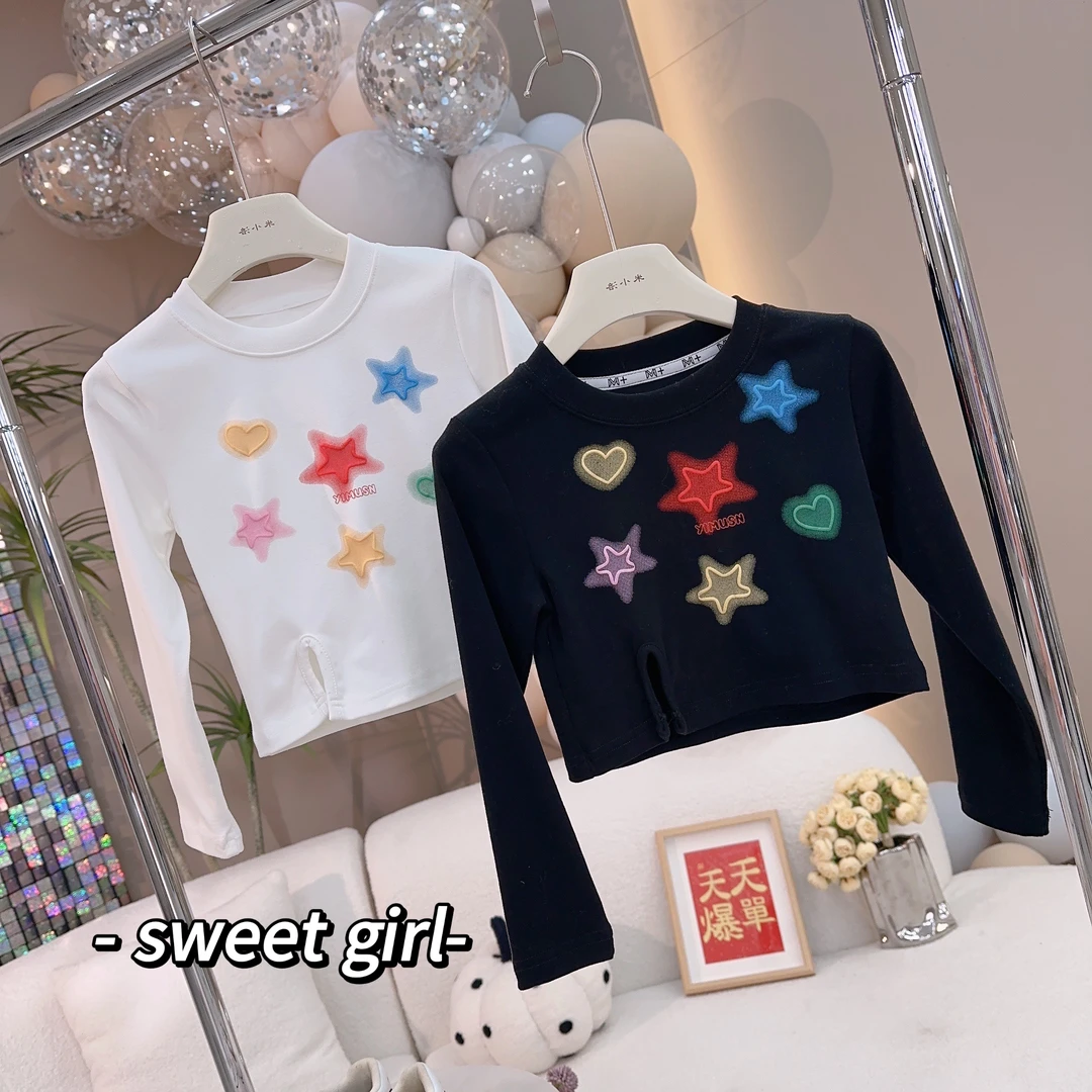 【现货】2025春秋女童新款多巴胺星星印百搭女孩时尚打底衫