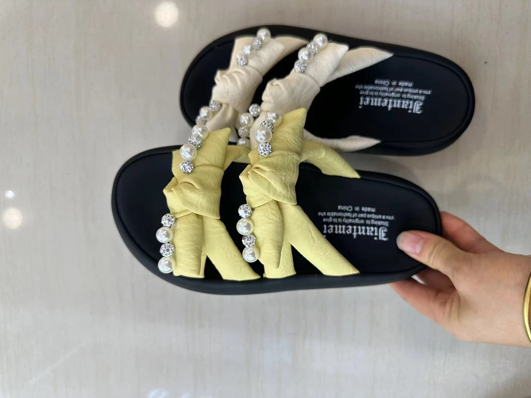 2025夏季女鞋厚底漏脚趾凉拖鞋蝴蝶结珍珠百搭拖鞋女潮鞋1361