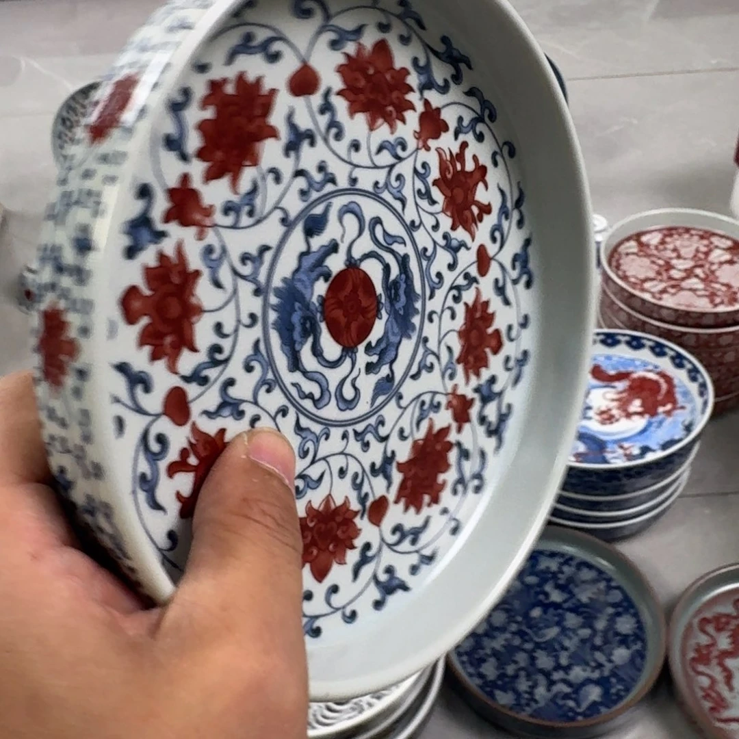 摆件釉里红缠枝莲五件套