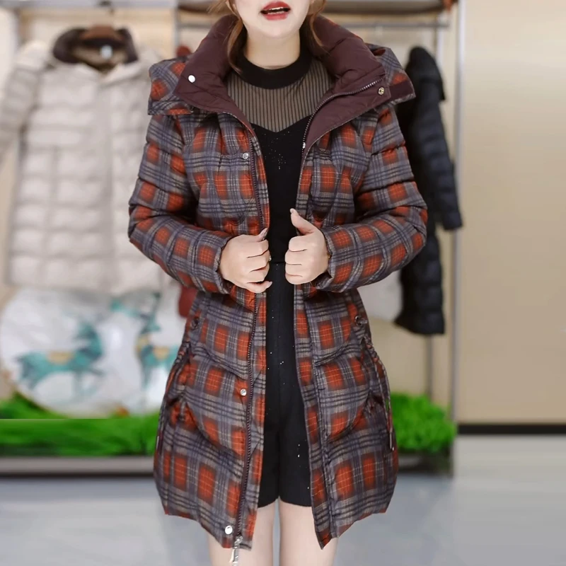 中长款格子连帽棉服女2025冬季新款棉袄加厚保暖妈妈洋气棉袄外套
