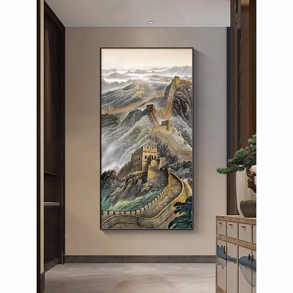 万里长城山水画客厅玄关竖版高端装饰挂画晶瓷有框现代简约玄关画
