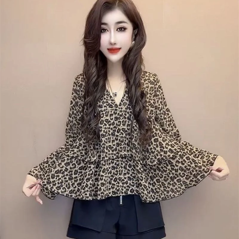 3027波点法式荷叶边套头常规款雪纺衫秋季长袖衬衫气质小衫豹纹