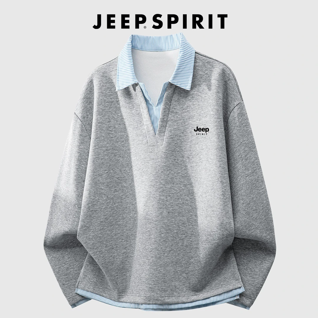 JEEP SPIRIT吉普秋季美式重磅假两件衬衫领拼接卫衣男装宽松上衣