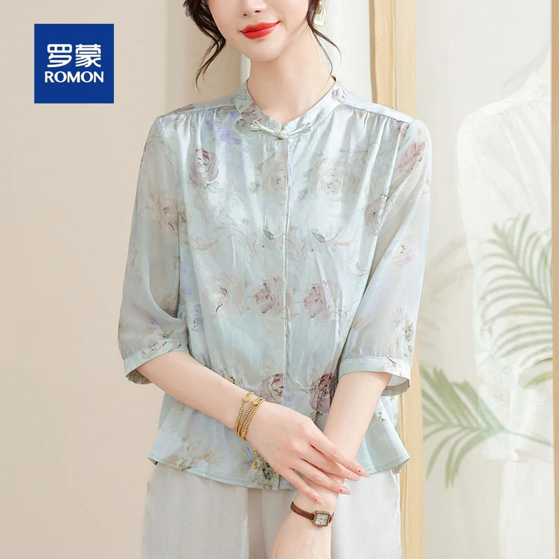 罗蒙新中式妈妈夏装国风小衫套装阔太太洋气中老年高贵气质衬衫女