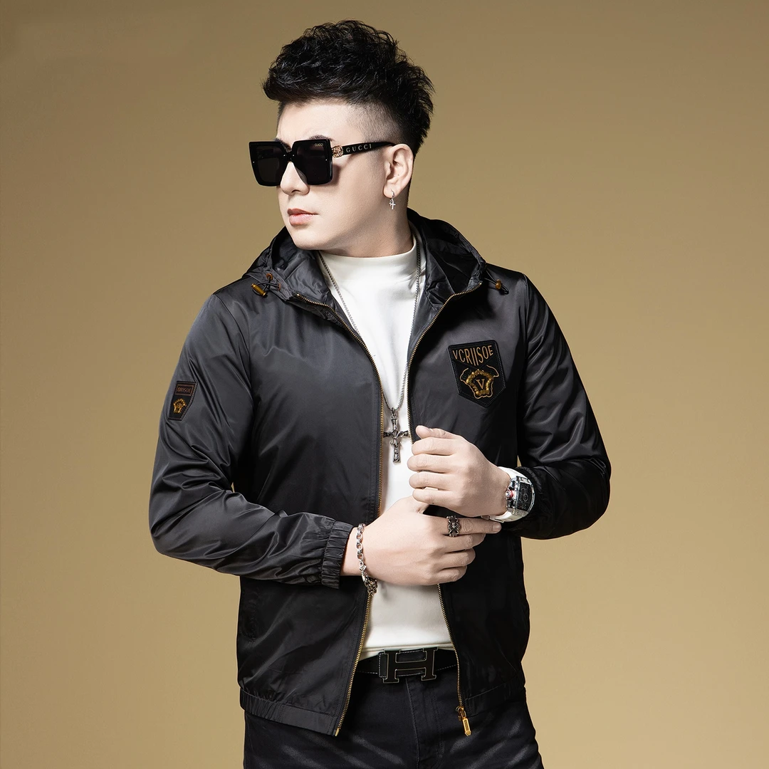 NDSL轻奢春秋欧洲站潮流徽章连帽休闲百搭夹克外套男新款高端潮牌