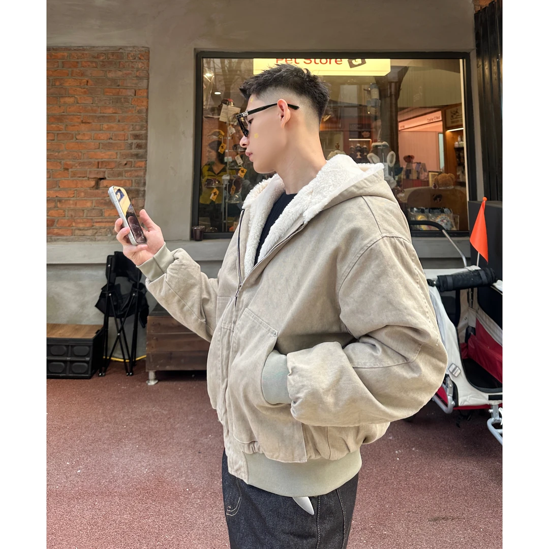 大理石座山雕棉服冬季保暖连帽cleanfit外套短宽仿水貂毛夹克棉衣