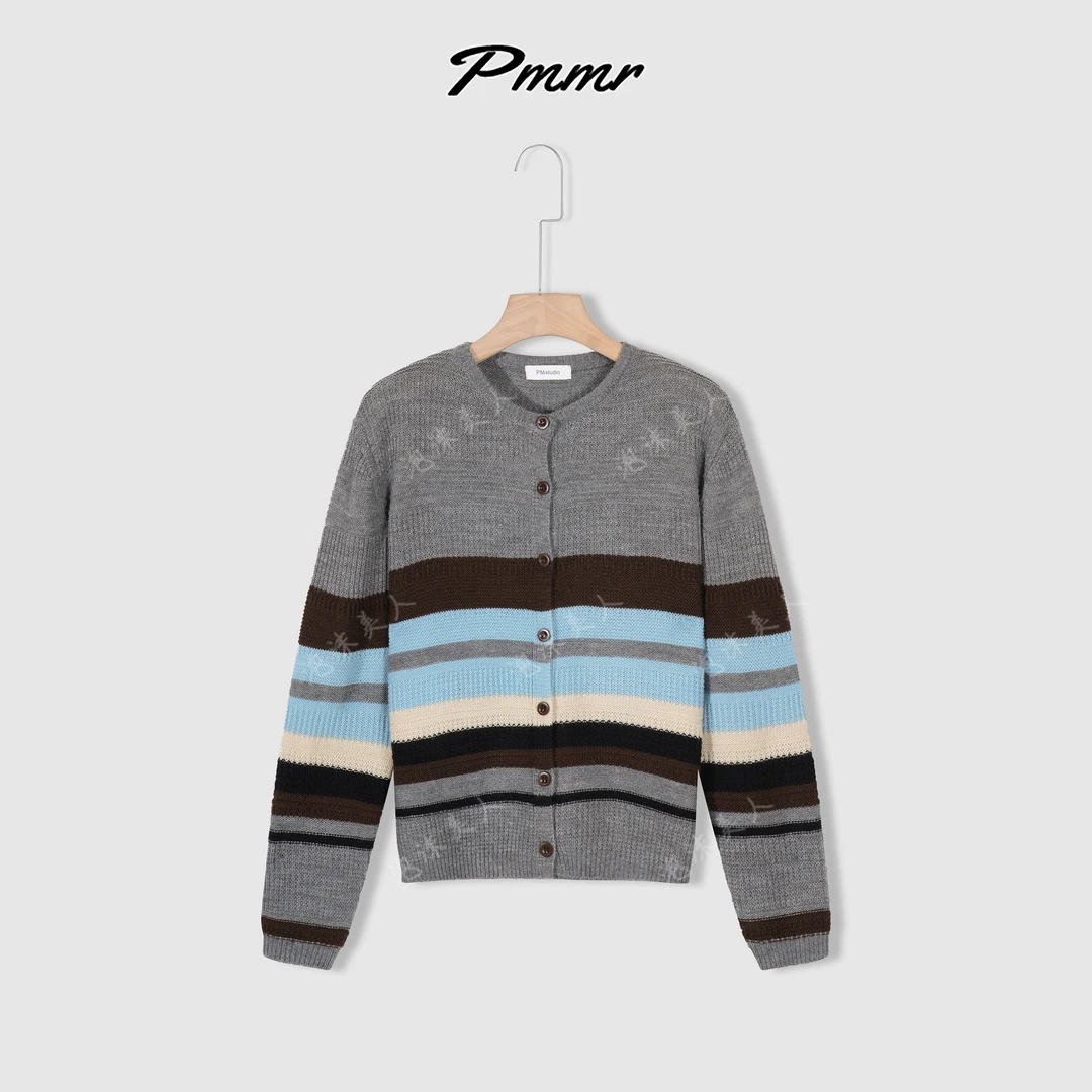 灰蓝条镂空撞色提花针织开衫女25新款毛衣外套 衣长57 胸围108