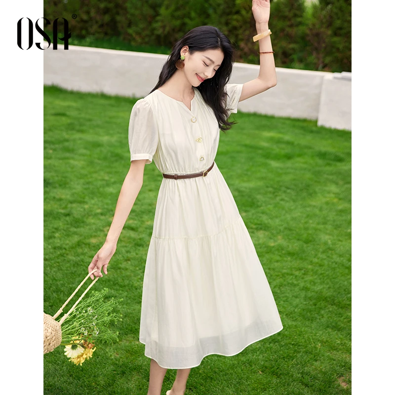 OSA/欧莎 法式浪漫泡泡袖连衣裙女夏气质收腰V领长裙S125B13015