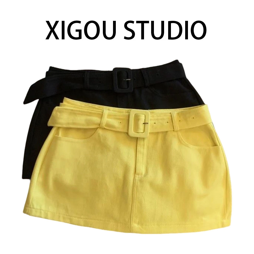 【现货】休闲时尚黄色高腰包臀半身裙女2025年夏季新款韩系别致短裙