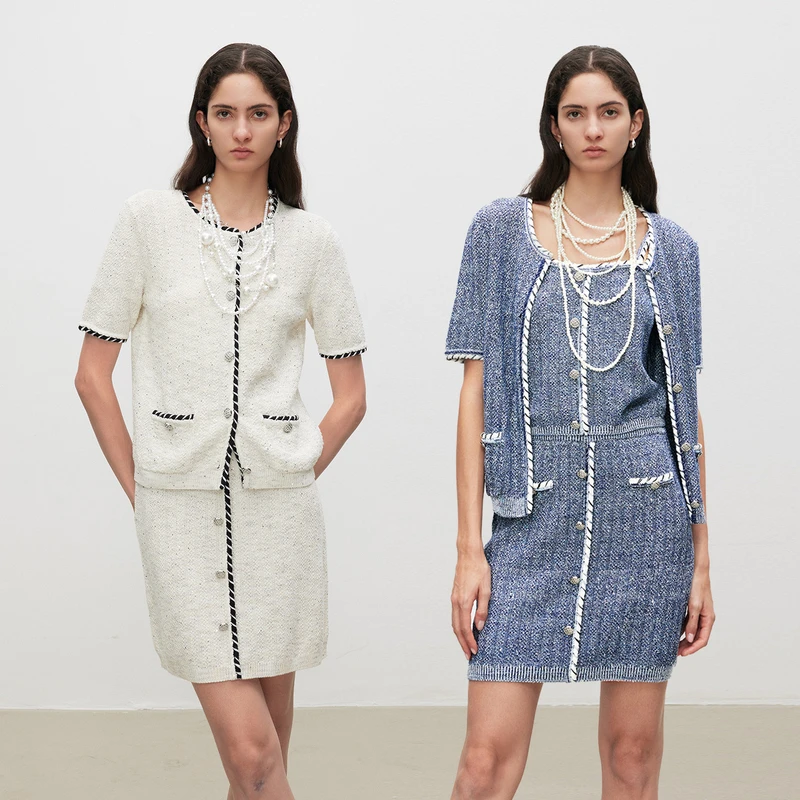 MARIUS“伯爵茶”桂花针肌理棉正反立体肌理小香开衫吊带半裙