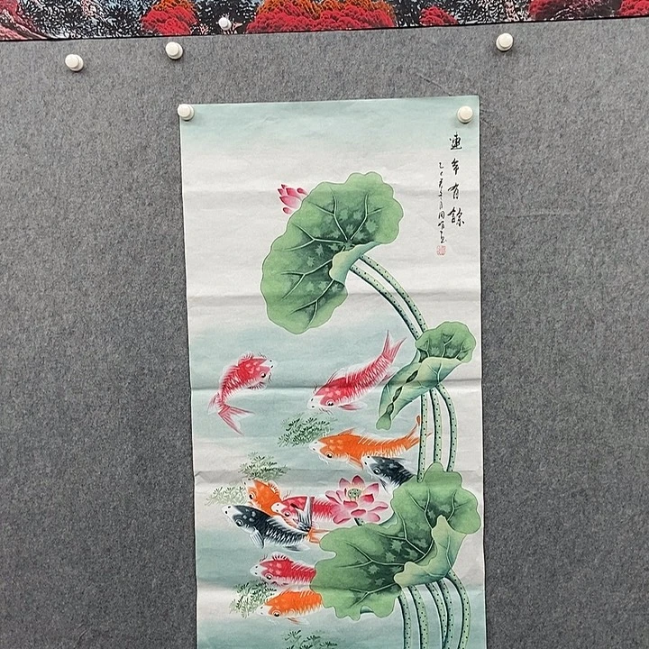 国画四尺工笔九鱼一副