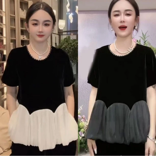 欧洲站2025夏季丝绒半袖衫时尚女装显瘦遮肚网纱拼接娃娃款打底衫