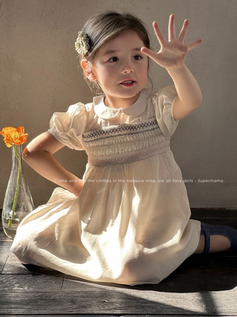 Supermama25夏娃娃领米色打揽系带连衣裙