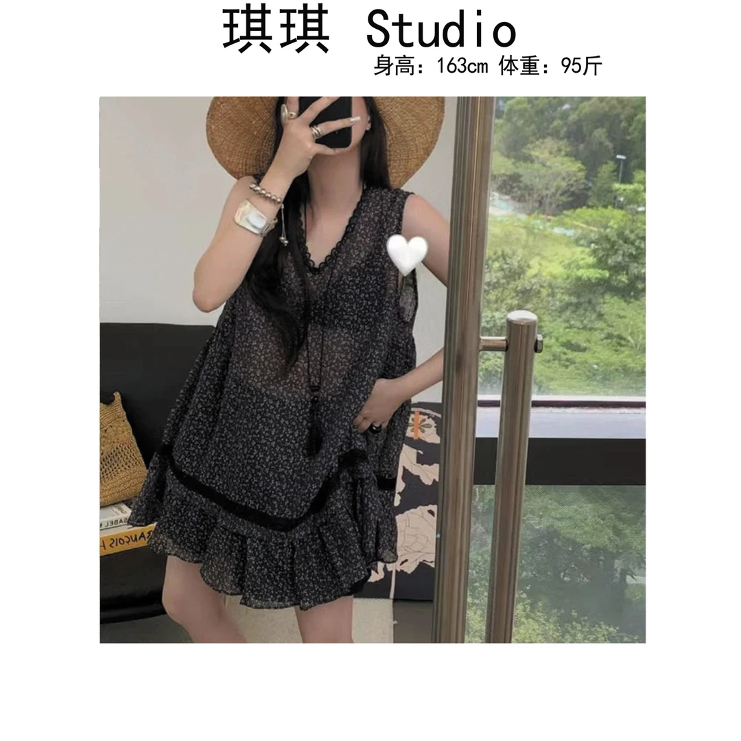 《琪琪家》夏季新款轻奢高级舒适亲肤花边显瘦减龄百搭碎花上衣-CS