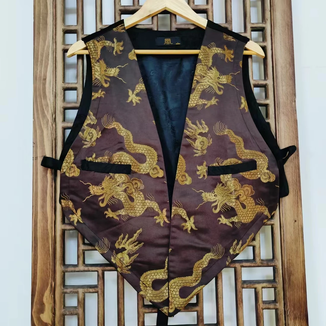 凤徕兮私人定制咖底金龙ab版三角对襟系带马甲LS205-2