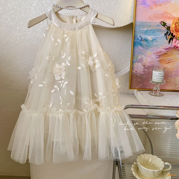 【主播推荐】【顾奈】女童挂脖刺绣立体花朵连衣裙T25082