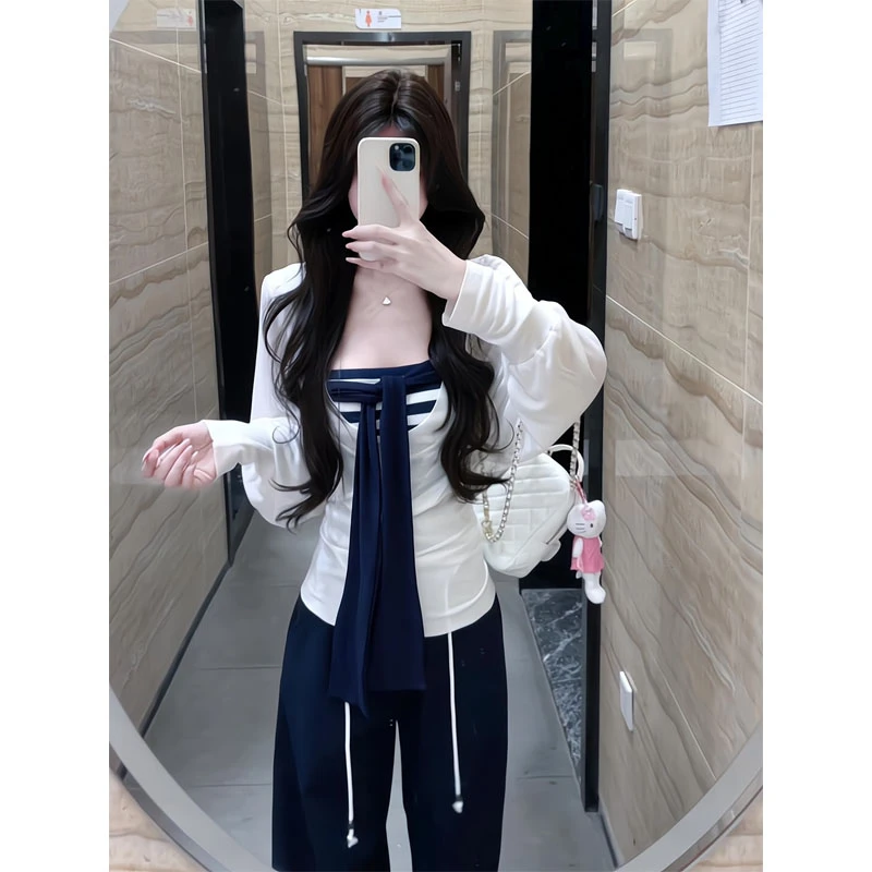 早秋纯欲气质条纹抹胸背心长袖罩衫上衣两件套直筒宽松休闲阔腿裤