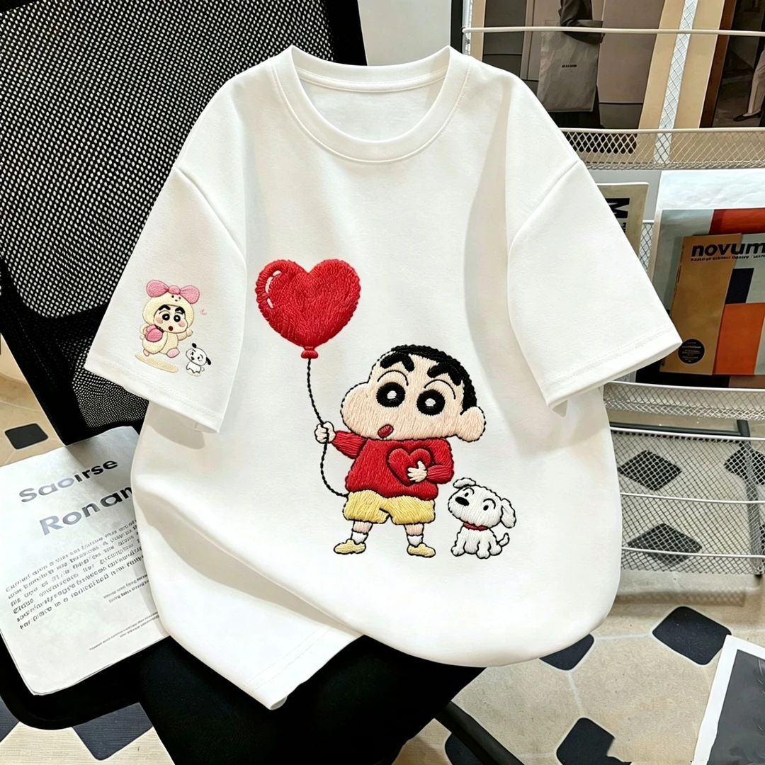爱心蜡笔小新~夏季百搭100纯棉中大童短袖T恤韩版宽松亲子系