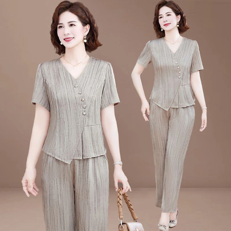 母亲节妈妈装2025新款套装洋气中老年女夏季短袖t恤贵夫人两件套