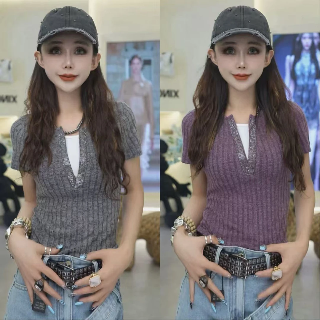 星宝同款韩国高定制早秋款植绒坑条假两件短袖T恤打底单穿小上衣