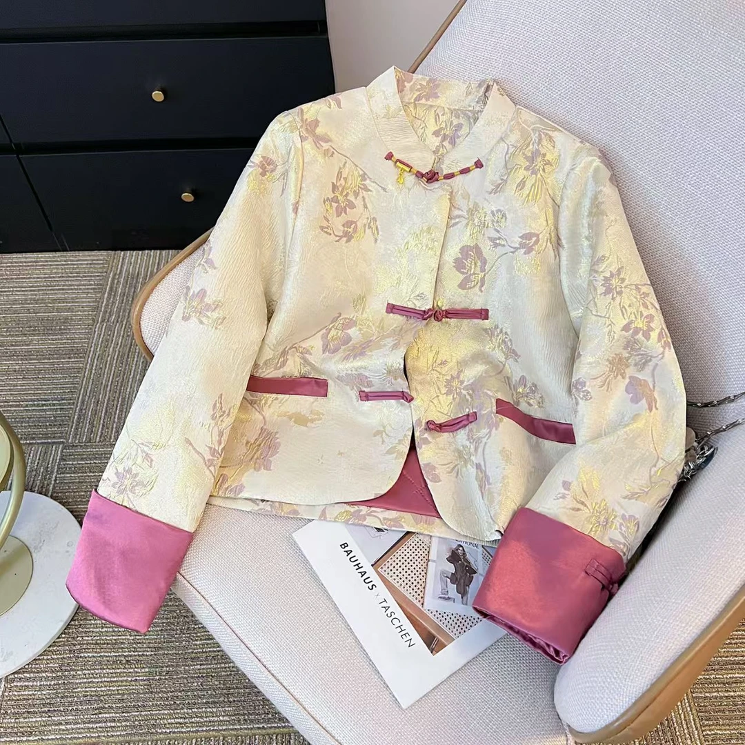 新中式夹棉外套提花立领短款棉服衬衫上衣女装国风春秋薄款棉衣